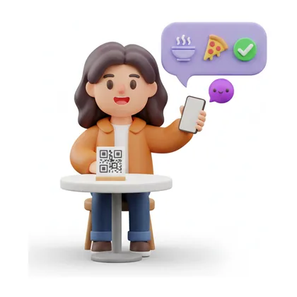 A guest at a table scans the QR code and reads the menu on her phone