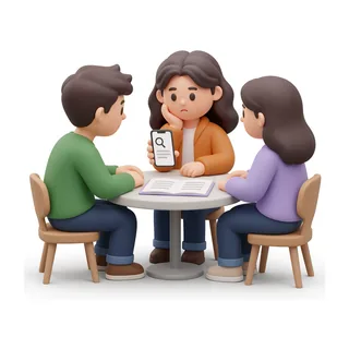 Friends at a table with an unreadable menu while a phone searches