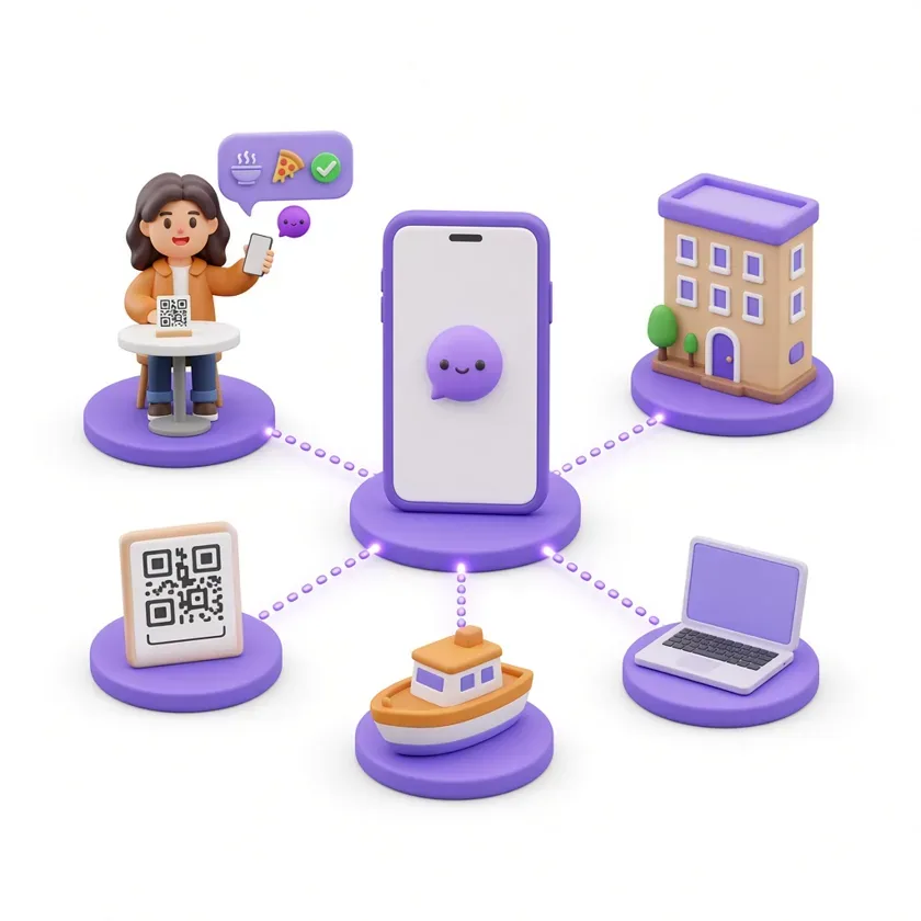 Eén telefoon verbonden met veel voordeuren: een café-QR, een kamersleutel, een boot, een appartementencomplex en een laptop