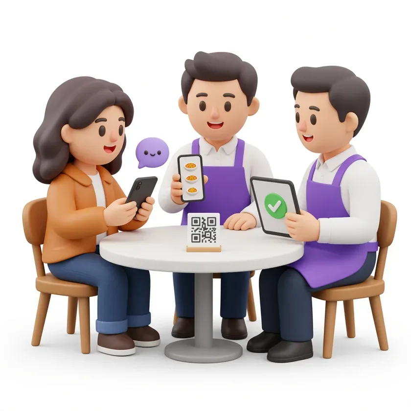 Een gast die het menu vraagt op haar telefoon, een ober met de lijst van de gast en de eigenaar met een tablet