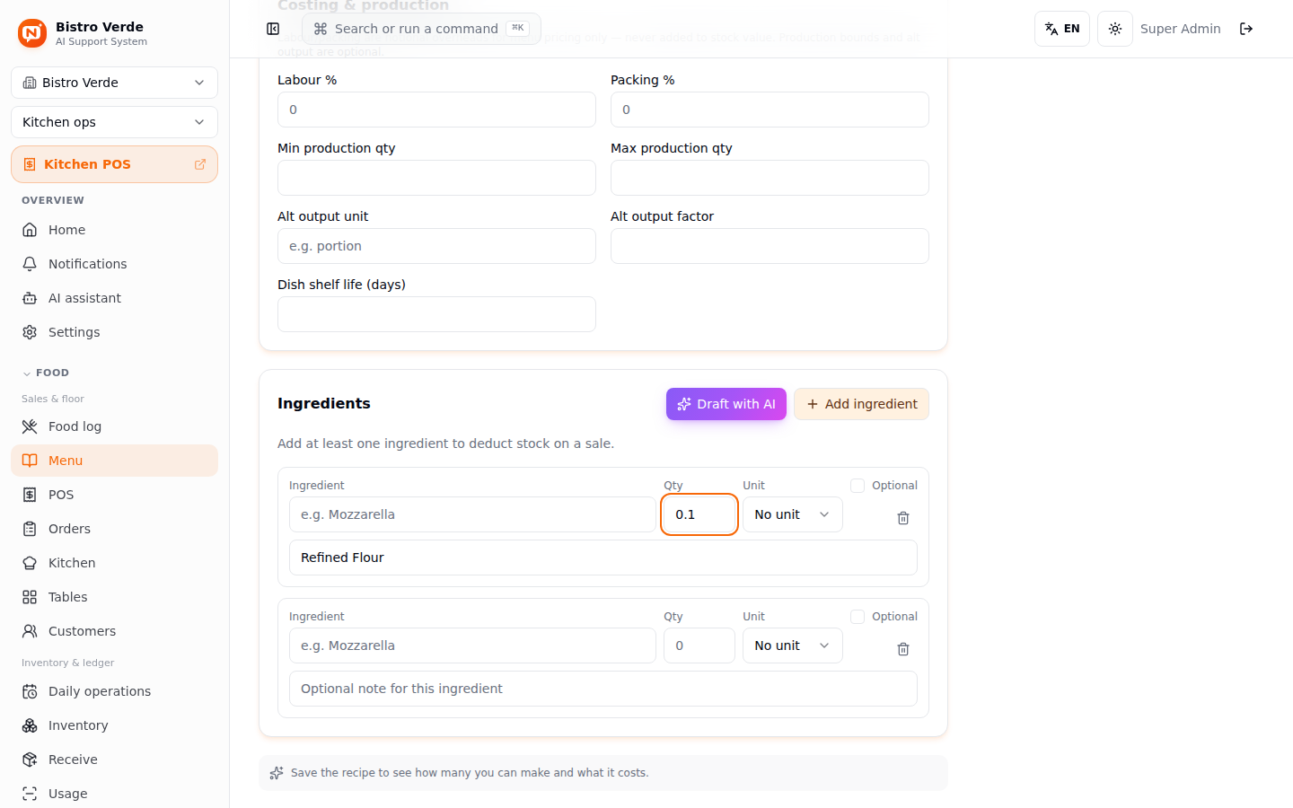 Recipe line with quantity set