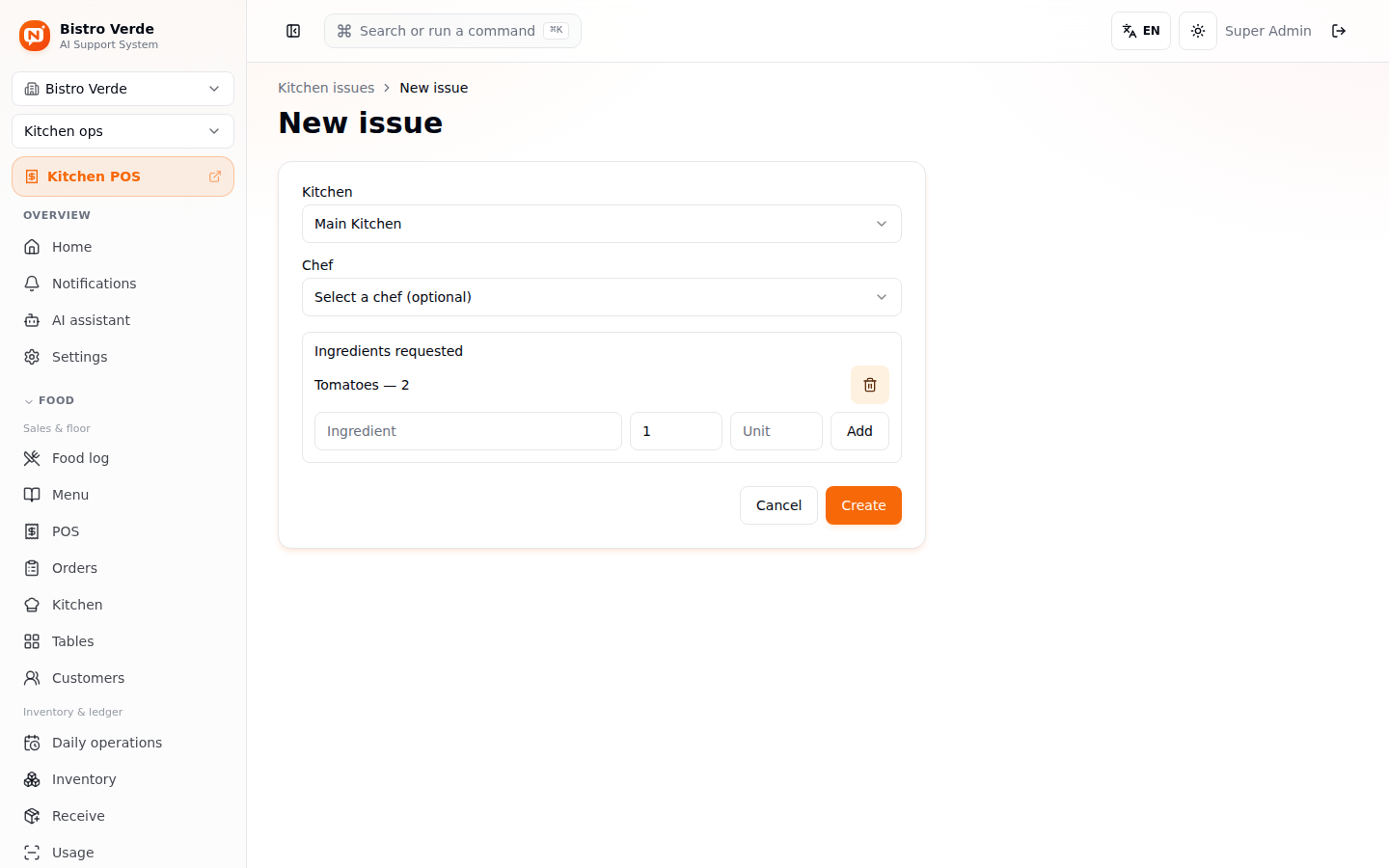 Kitchen issue form filled in
