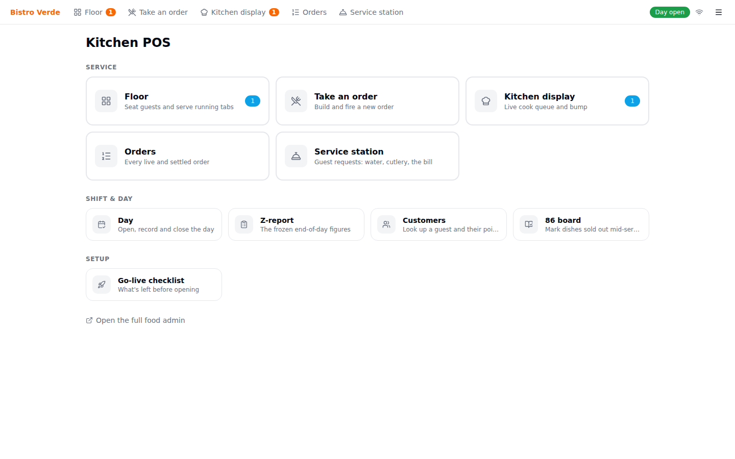 Kitchen POS hub: an always-visible service bar, five large service tiles, and quieter shift and setup rows