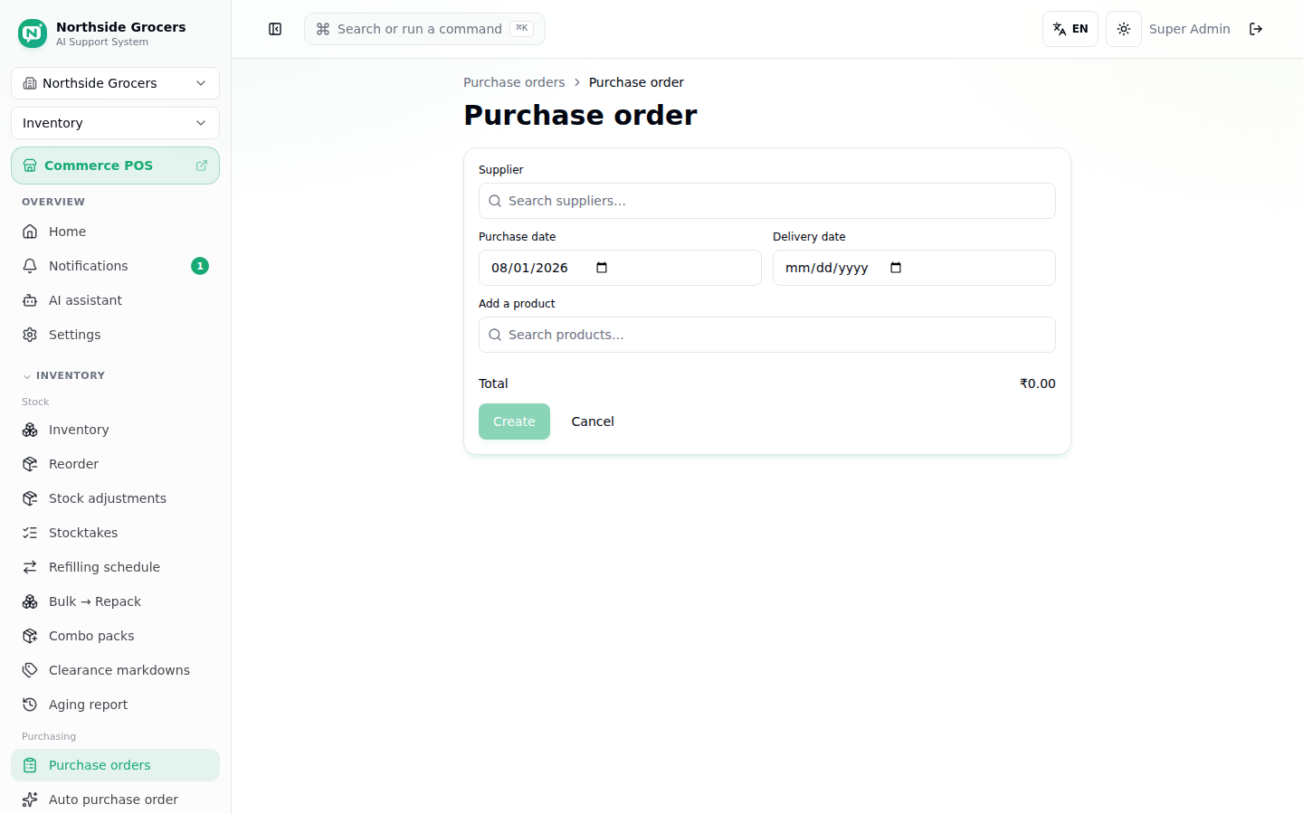 Purchase order form filled in with a supplier and one line