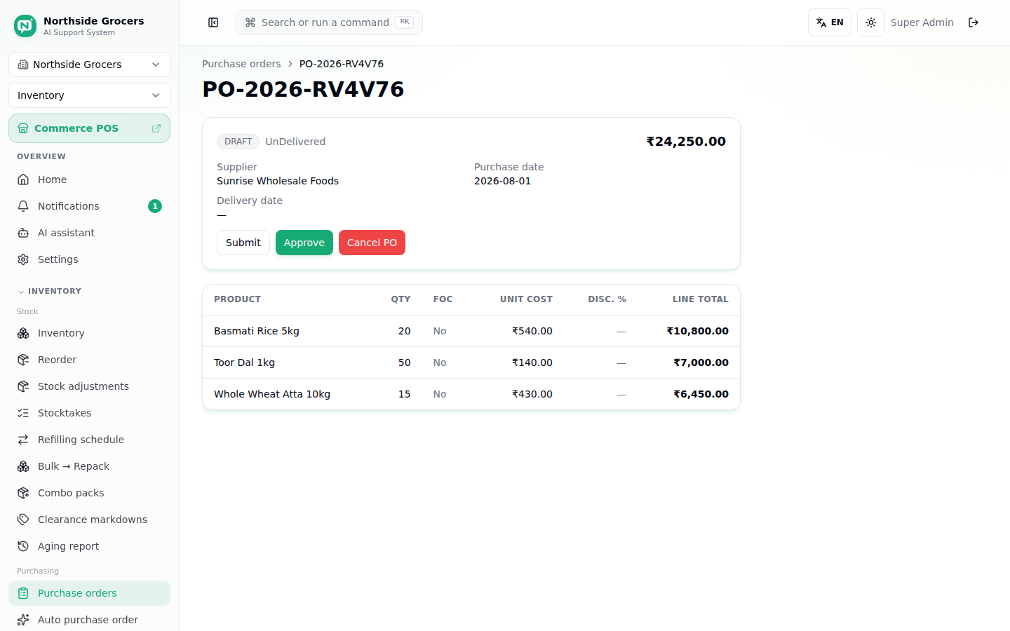 Purchase order detail, draft status
