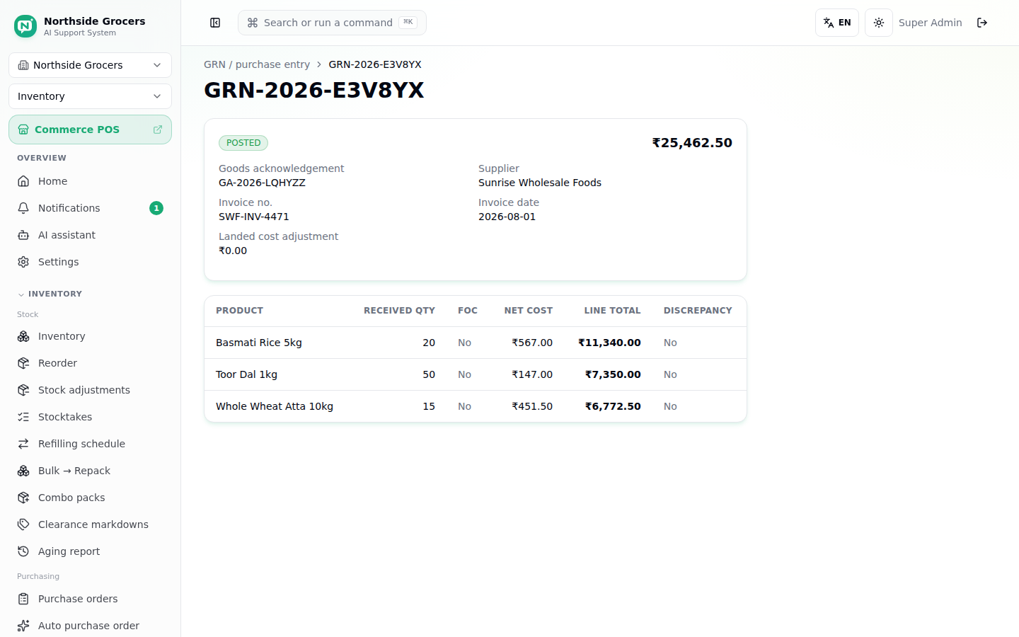 Posted GRN with a real total and a GST-mismatch warning