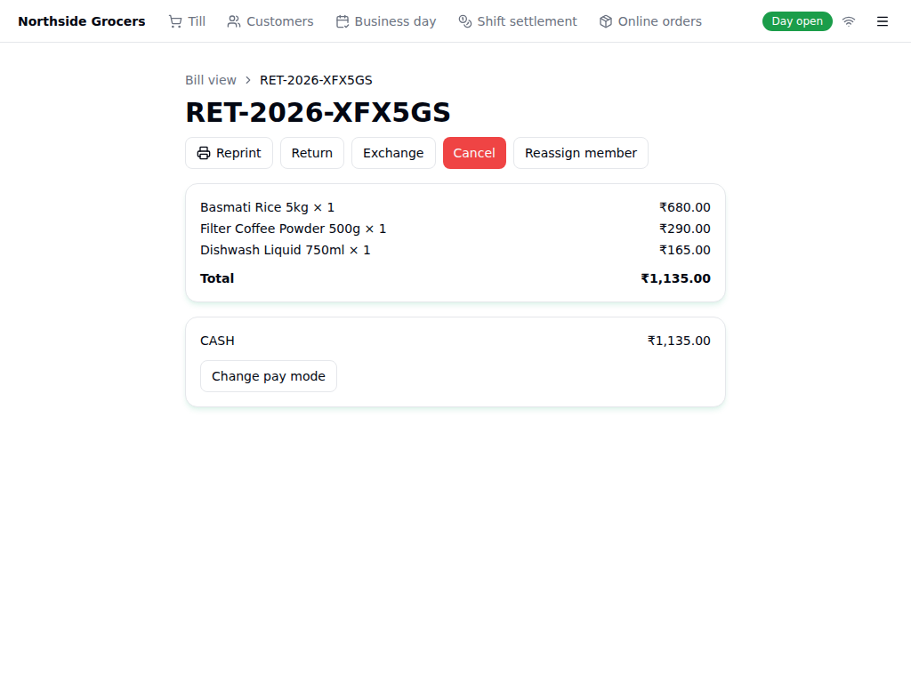 Completed bill detail with Reprint, Return, Exchange, Cancel