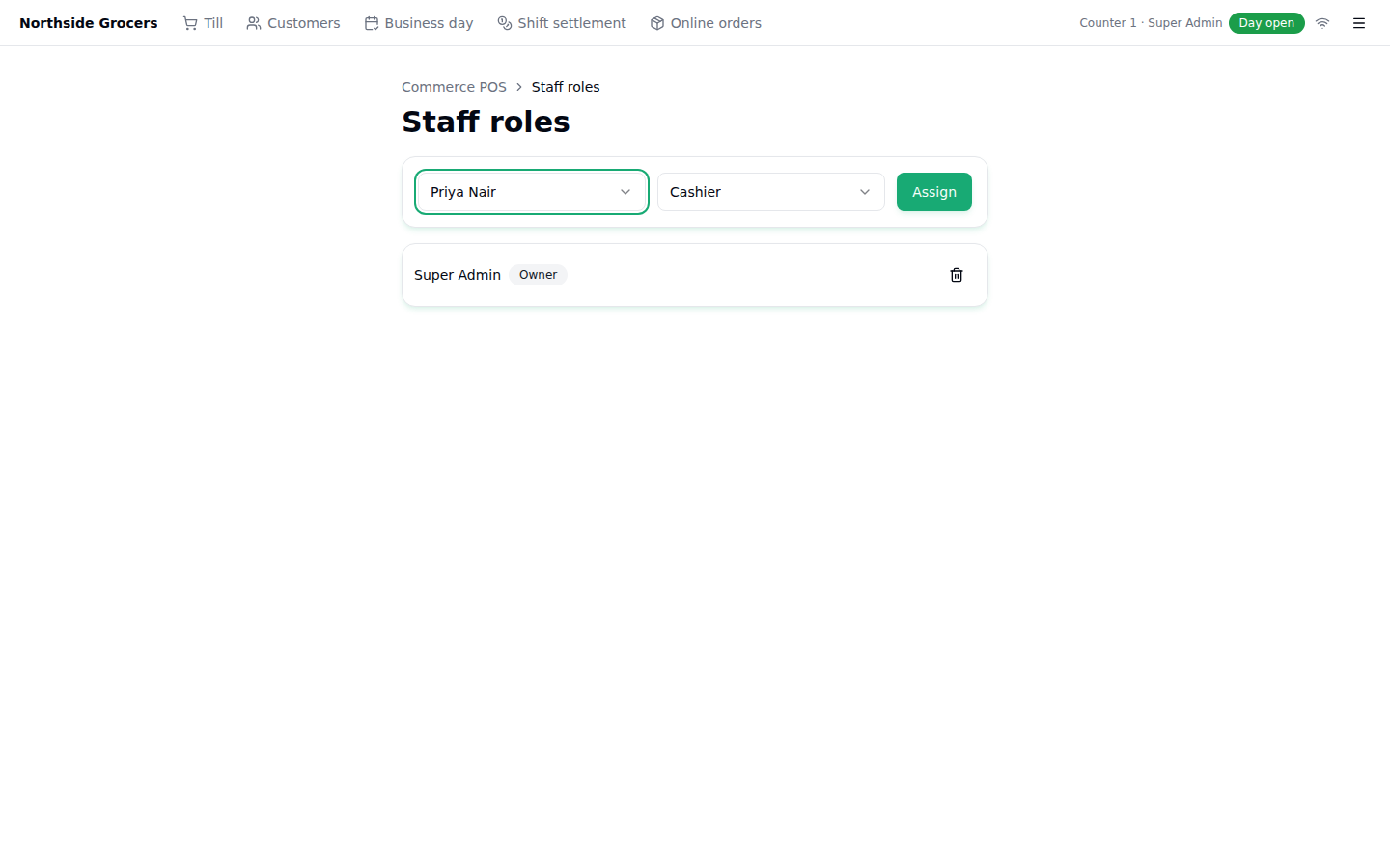 Staff roles form with a staff member and role selected