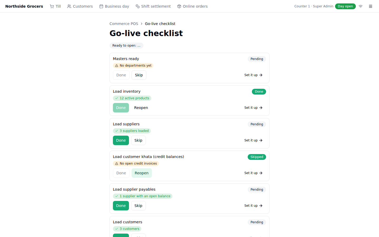 Go-live checklist showing a done step, a skipped step, and a step still blocked by its check
